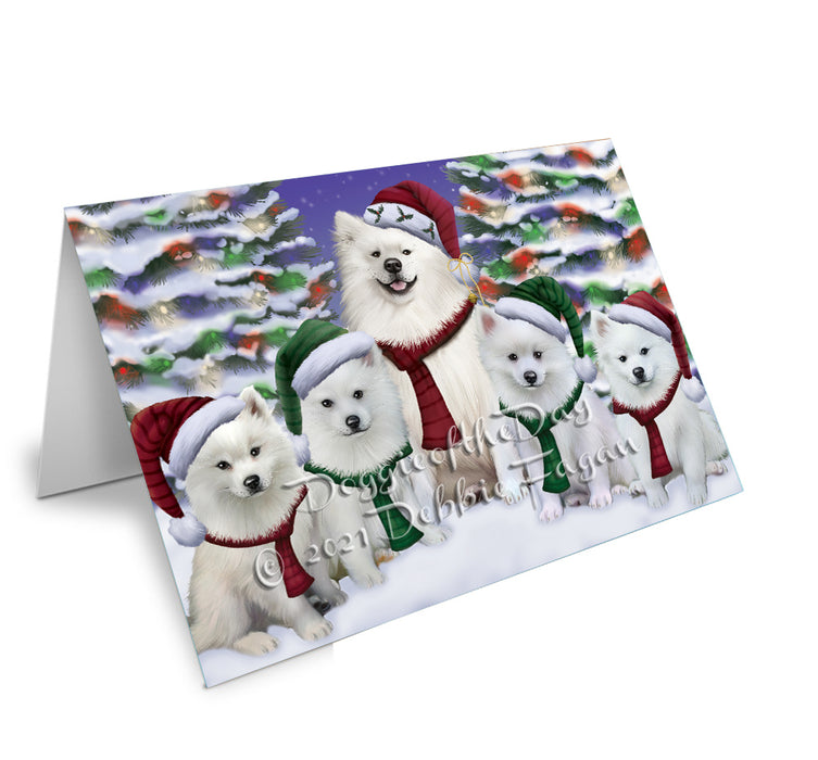 Christmas Family Portrait American Eskimo Dog Handmade Artwork Assorted Pets Greeting Cards and Note Cards with Envelopes for All Occasions and Holiday Seasons