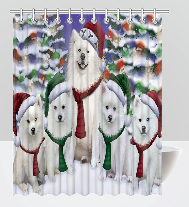 American Eskimo Dogs Christmas Family Portrait in Holiday Scenic Background Shower Curtain