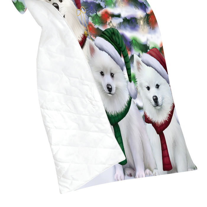 American Eskimo Dogs Christmas Family Portrait in Holiday Scenic Background Quilt