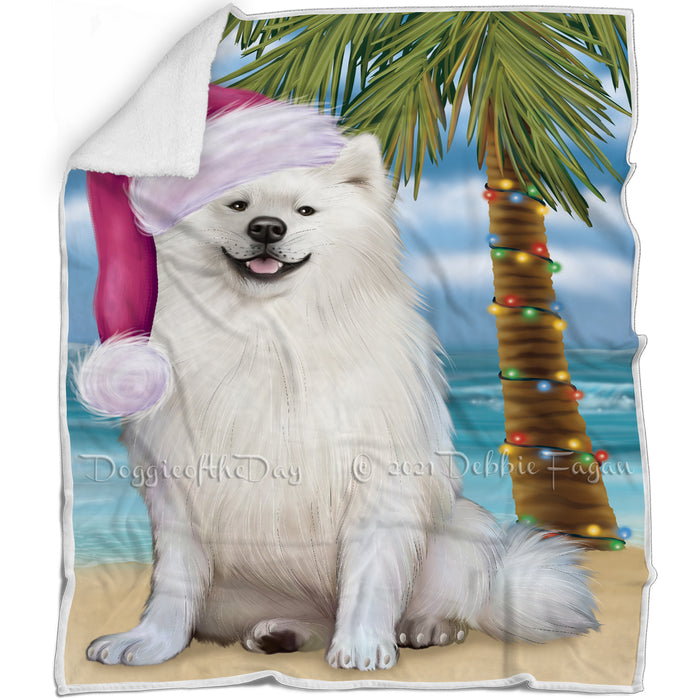 Summertime Happy Holidays Christmas American Eskimo Dog on Tropical Island Beach Blanket D139