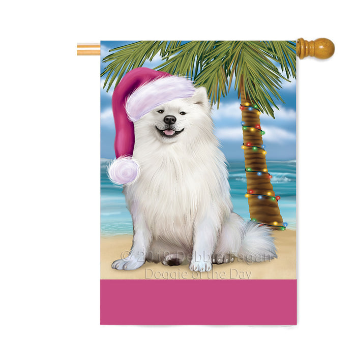 Personalized Summertime Happy Holidays Christmas American Eskimo Dog on Tropical Island Beach Custom House Flag FLG-DOTD-A60429