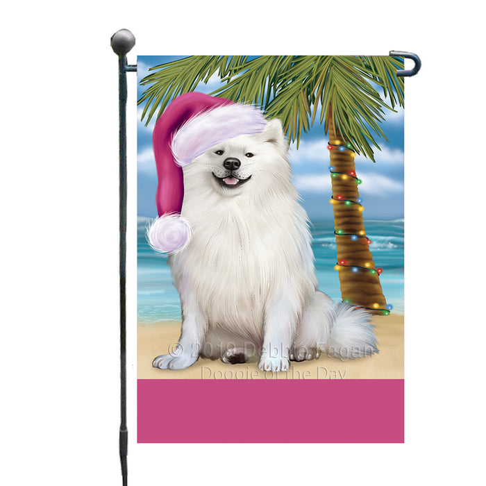 Personalized Summertime Happy Holidays Christmas American Eskimo Dog on Tropical Island Beach  Custom Garden Flags GFLG-DOTD-A60373