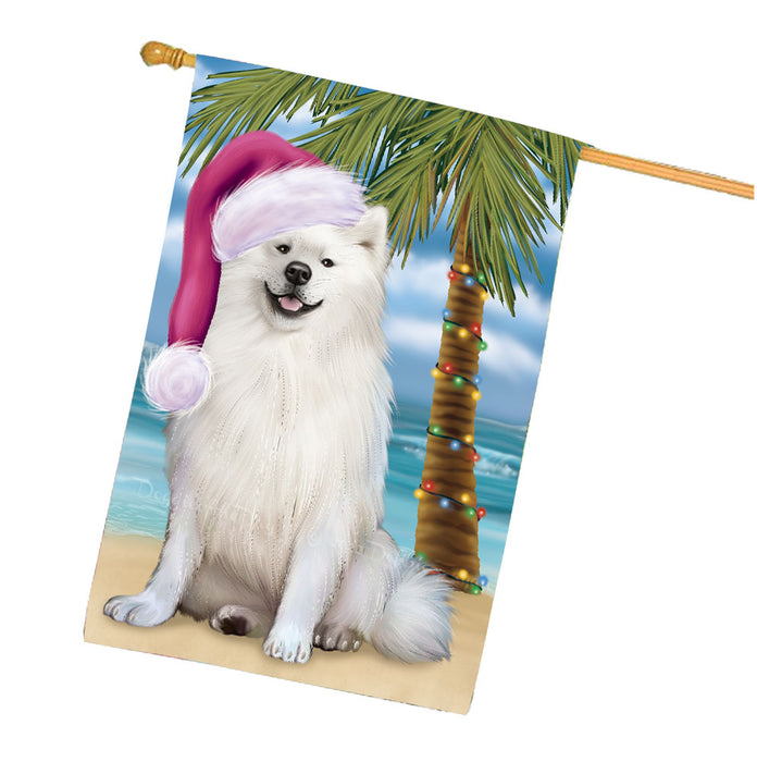 Christmas Summertime Beach American Eskimo Dog House Flag Outdoor Decorative Double Sided Pet Portrait Weather Resistant Premium Quality Animal Printed Home Decorative Flags 100% Polyester FLG68646
