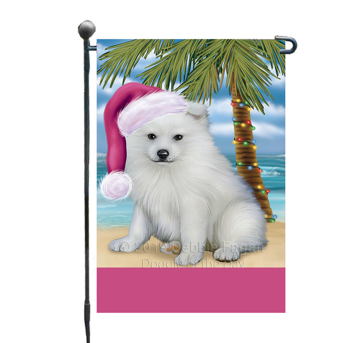 Personalized Summertime Happy Holidays Christmas American Eskimo Dog on Tropical Island Beach  Custom Garden Flags GFLG-DOTD-A60374