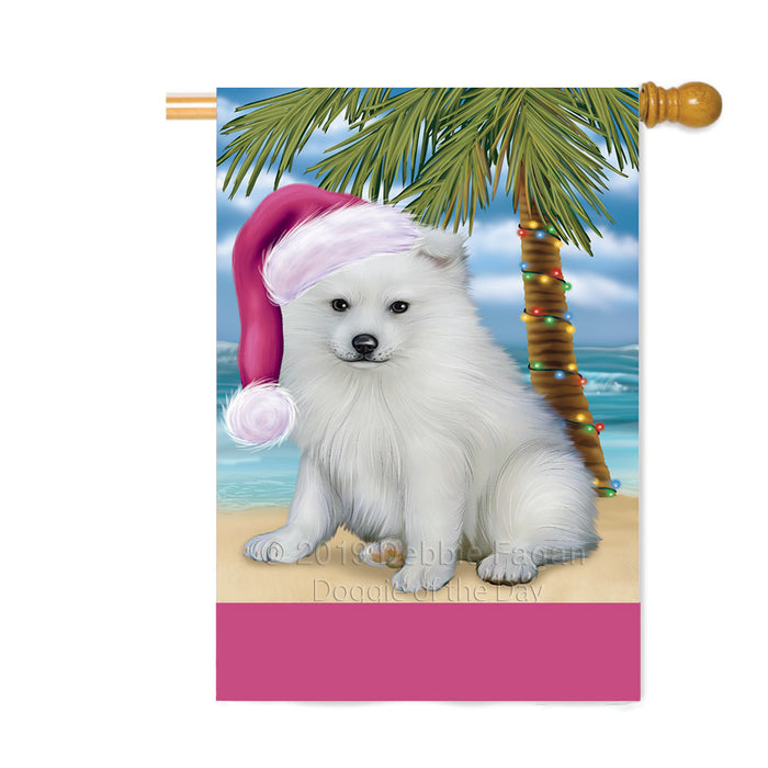 Personalized Summertime Happy Holidays Christmas American Eskimo Dog on Tropical Island Beach Custom House Flag FLG-DOTD-A60430