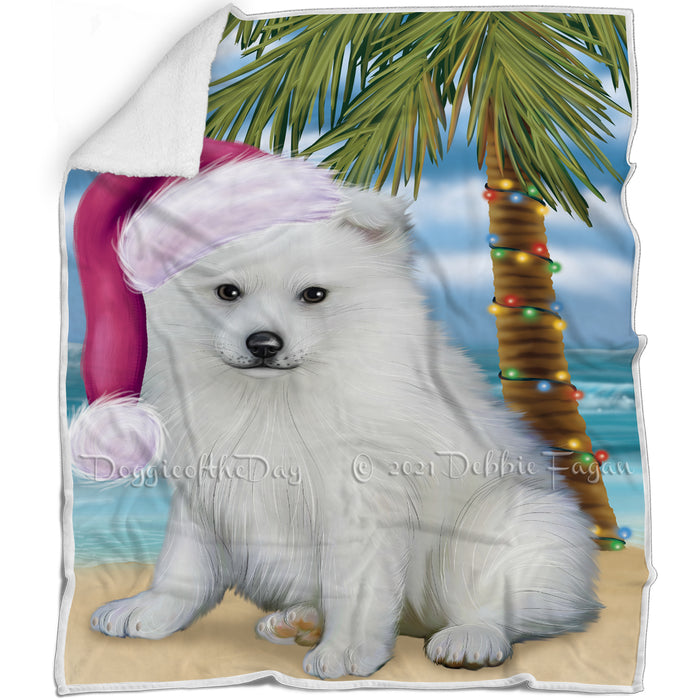 Summertime Happy Holidays Christmas American Eskimo Dog on Tropical Island Beach Blanket D140