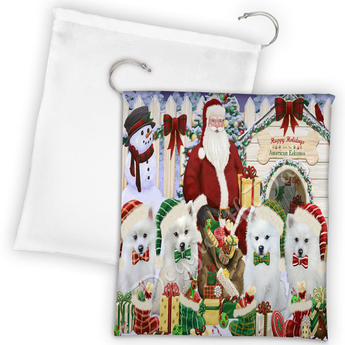 Happy Holidays Christmas American Eskimo Dogs House Gathering Drawstring Laundry or Gift Bag LGB48007