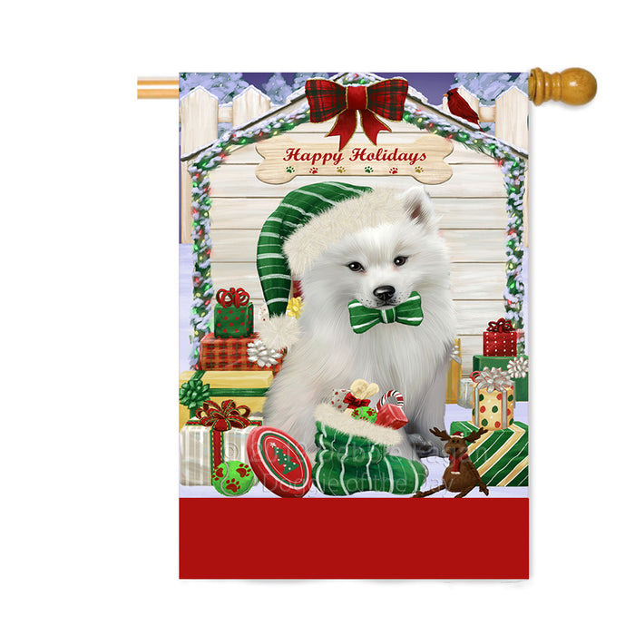 Personalized Happy Holidays Christmas American Eskimo Dog House with Presents Custom House Flag FLG-DOTD-A59316