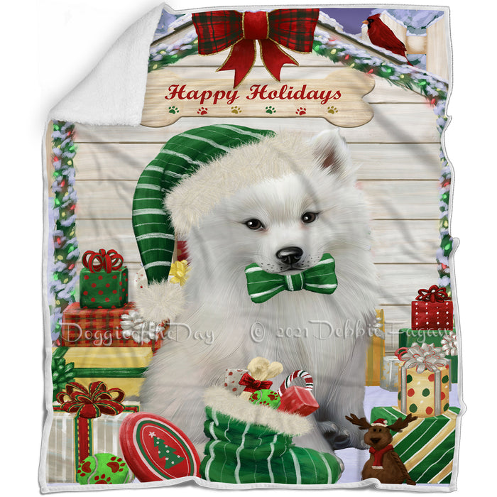 Happy Holidays Christmas American Eskimo Dog House with Presents Blanket BLNKT77817