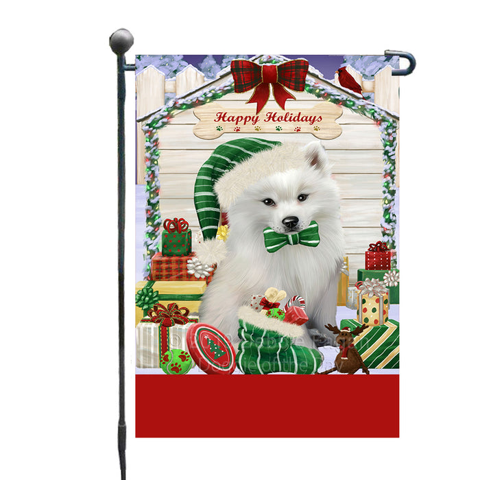 Personalized Happy Holidays Christmas American Eskimo Dog House with Presents Custom Garden Flags GFLG-DOTD-A59260