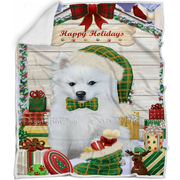 Happy Holidays Christmas American Eskimo Dog House with Presents Blanket BLNKT77826