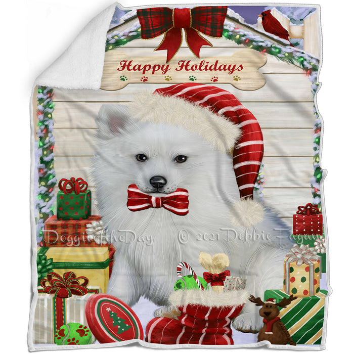 Happy Holidays Christmas American Eskimo Dog House with Presents Blanket BLNKT77835