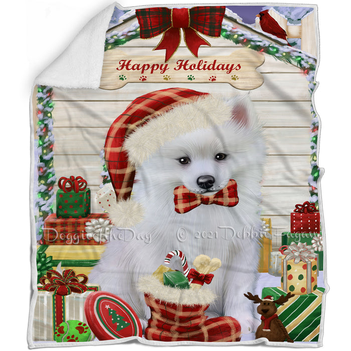 Happy Holidays Christmas American Eskimo Dog House with Presents Blanket BLNKT77844