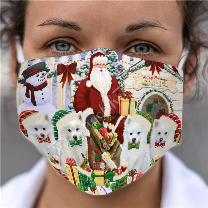 Happy Holidays Christmas American Eskimo Dogs House Gathering Face Mask FM48209