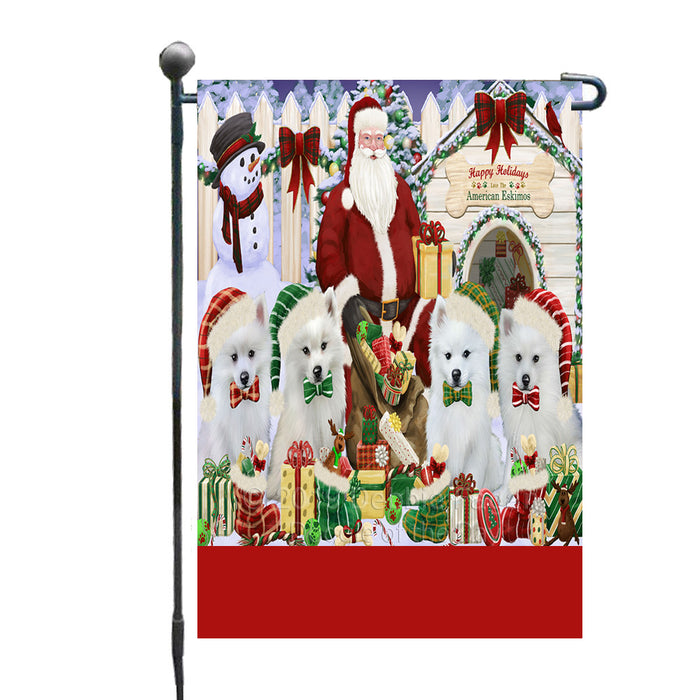 Personalized Happy Holidays Christmas American Eskimo Dogs House Gathering Custom Garden Flags GFLG-DOTD-A58488