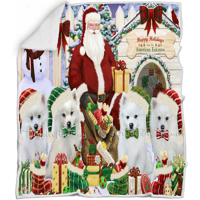 Happy Holidays Christmas American Eskimos Dog House Gathering Blanket BLNKT77520