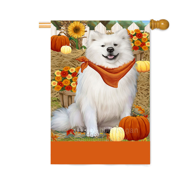 Personalized Fall Autumn Greeting American Eskimo Dog with Pumpkins Custom House Flag FLG-DOTD-A61815