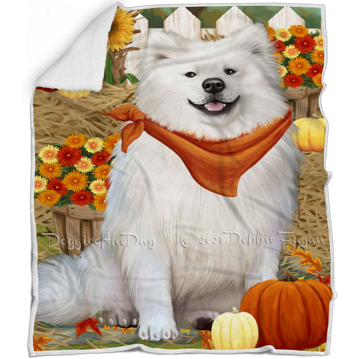 Fall Autumn Greeting American Eskimo Dog with Pumpkins Blanket BLNKT72048