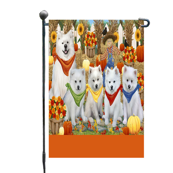 Personalized Fall Festive Gathering American Eskimo Dogs with Pumpkins Custom Garden Flags GFLG-DOTD-A61760
