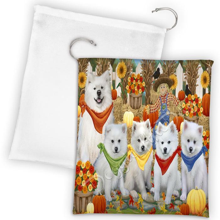 Fall Festive Harvest Time Gathering American Eskimo Dogs Drawstring Laundry or Gift Bag LGB48365