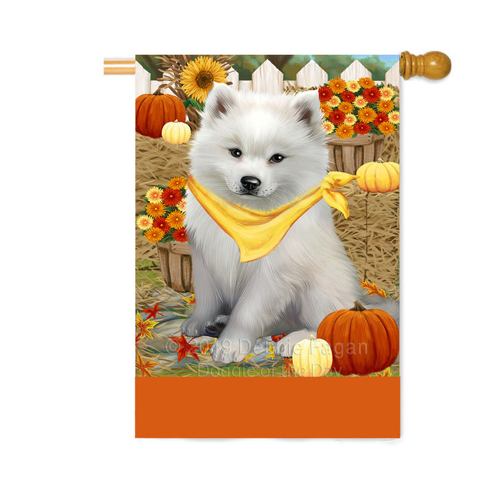 Personalized Fall Autumn Greeting American Eskimo Dog with Pumpkins Custom House Flag FLG-DOTD-A61817