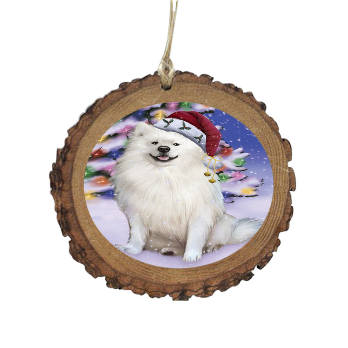 Winterland Wonderland American Eskimo Dog In Christmas Holiday Scenic Background Wooden Christmas Ornament WOR49486