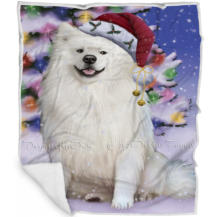 Winterland Wonderland American Eskimo Dog In Christmas Holiday Scenic Background Blanket
