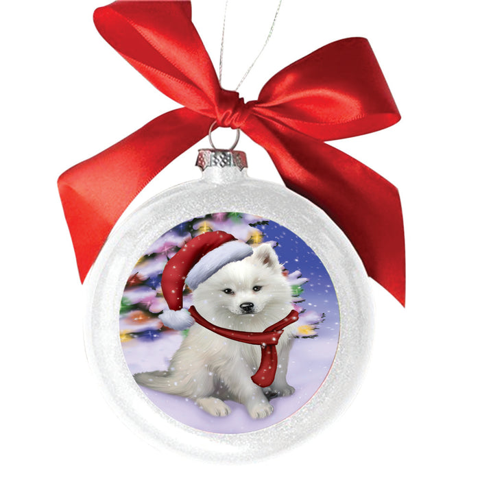 Winterland Wonderland American Eskimo Dog In Christmas Holiday Scenic Background White Round Ball Christmas Ornament WBSOR49487