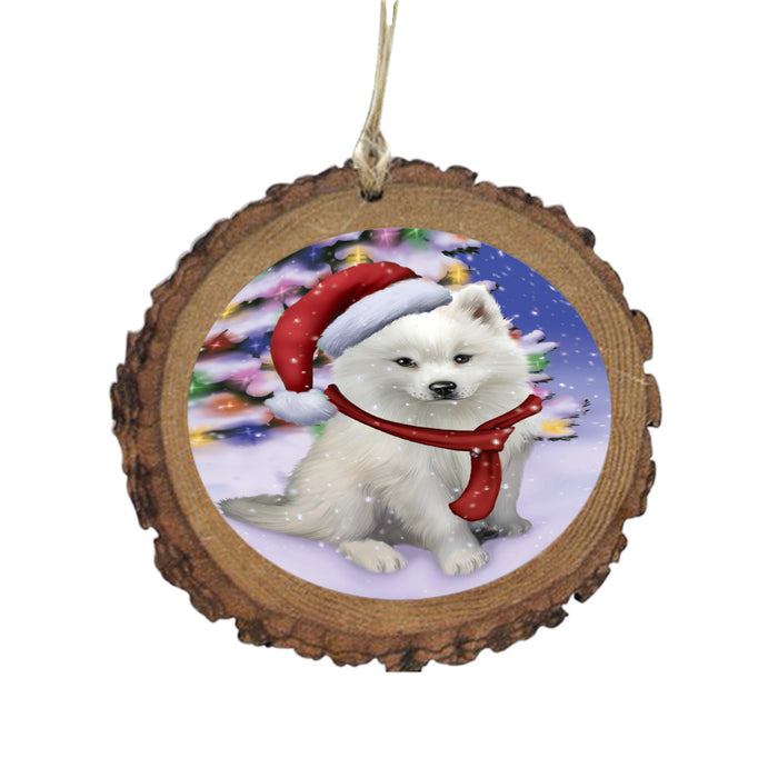 Winterland Wonderland American Eskimo Dog In Christmas Holiday Scenic Background Wooden Christmas Ornament WOR49487