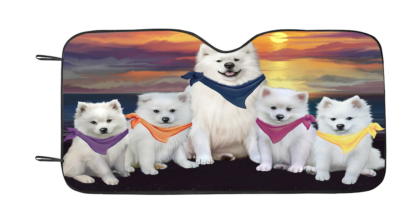 Family Sunset Portrait American Eskimo Dogs Car Sun Shade