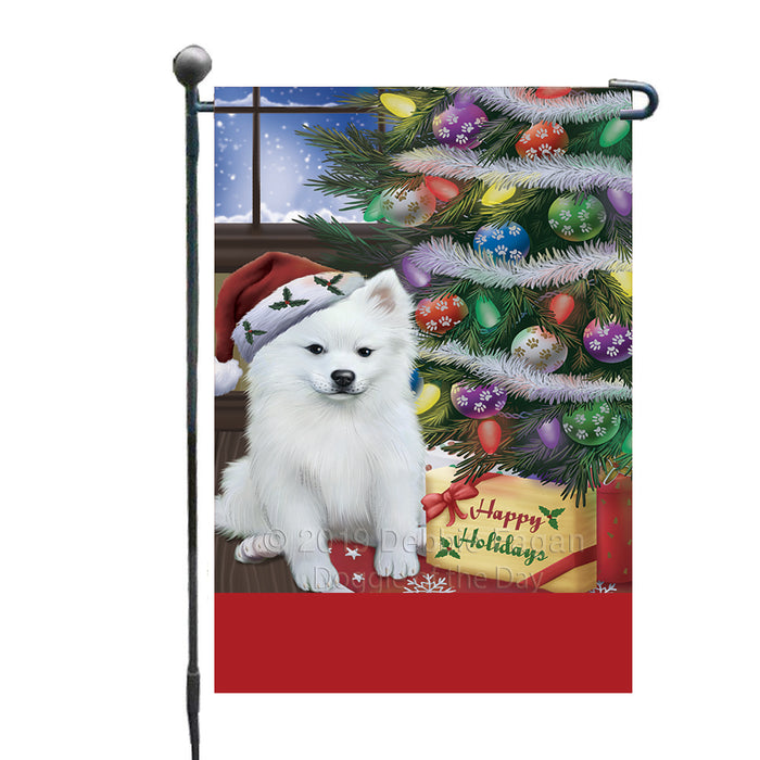 Personalized Christmas Happy Holidays American Eskimo Dog with Tree and Presents Custom Garden Flags GFLG-DOTD-A58579