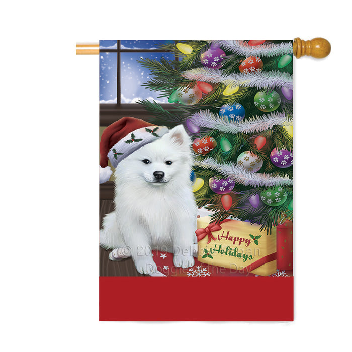 Personalized Christmas Happy Holidays American Eskimo Dog with Tree and Presents Custom House Flag FLG-DOTD-A58635