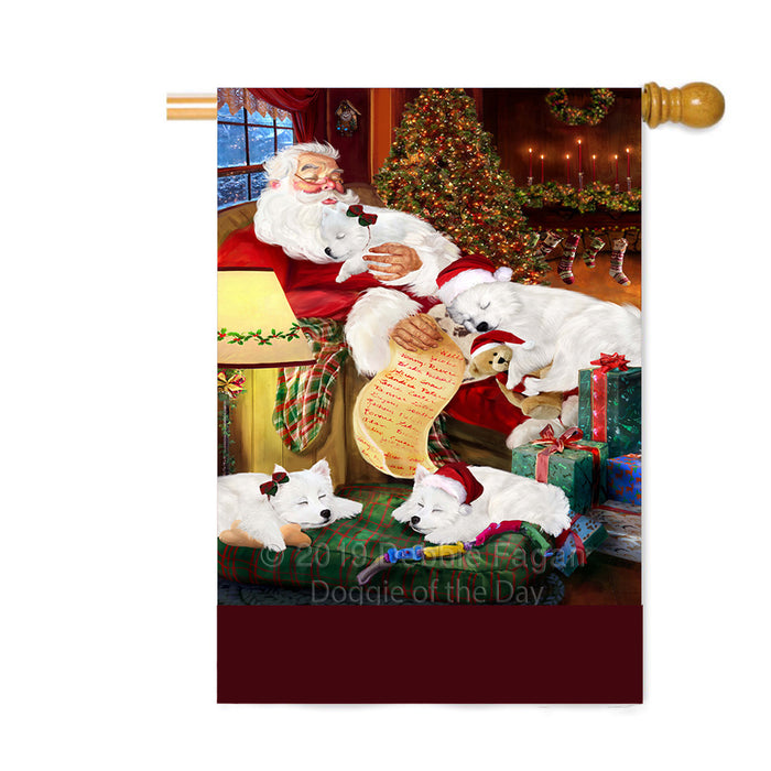 Personalized American Eskimo Dogs and Puppies Sleeping with Santa Custom House Flag FLG-DOTD-A62643