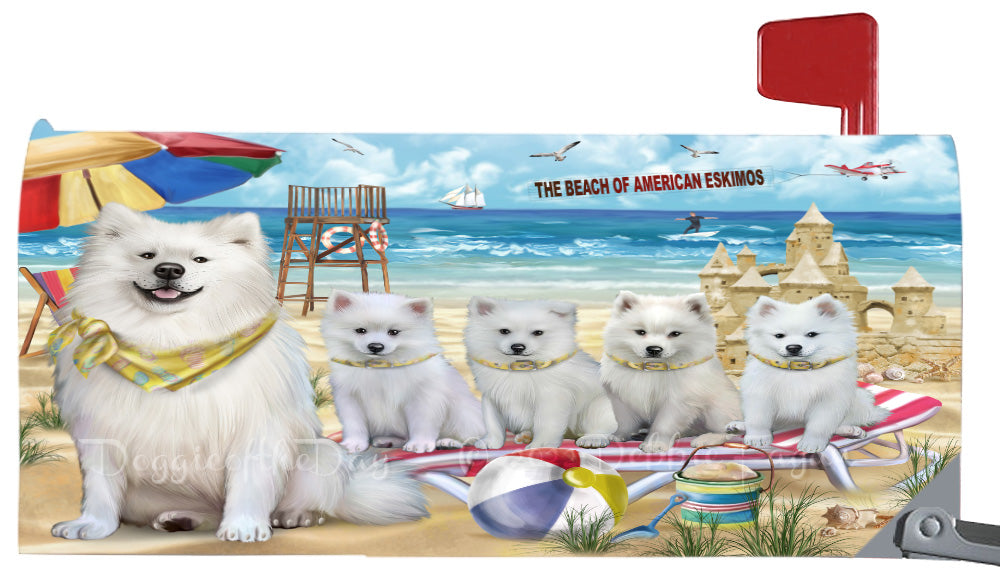 Pet Friendly Beach American Eskimo Dogs Magnetic Mailbox Cover Both Sides Pet Theme Printed Decorative Letter Box Wrap Case Postbox Thick Magnetic Vinyl Material