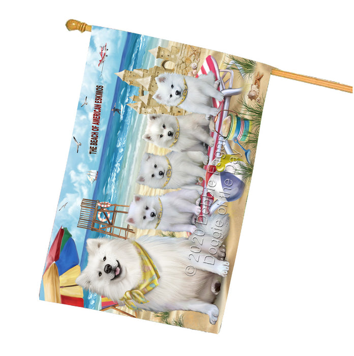 Pet Friendly Beach American Eskimo Dogs House Flag Outdoor Decorative Double Sided Pet Portrait Weather Resistant Premium Quality Animal Printed Home Decorative Flags 100% Polyester