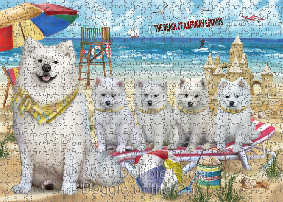 Pet Friendly Beach American Eskimo Dogs Portrait Jigsaw Puzzle for Adults Animal Interlocking Puzzle Game Unique Gift for Dog Lover's with Metal Tin Box