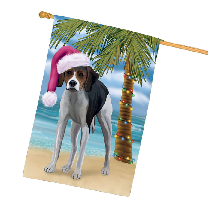 Christmas Summertime Beach American English Foxhound Dog House Flag Outdoor Decorative Double Sided Pet Portrait Weather Resistant Premium Quality Animal Printed Home Decorative Flags 100% Polyester FLG68648