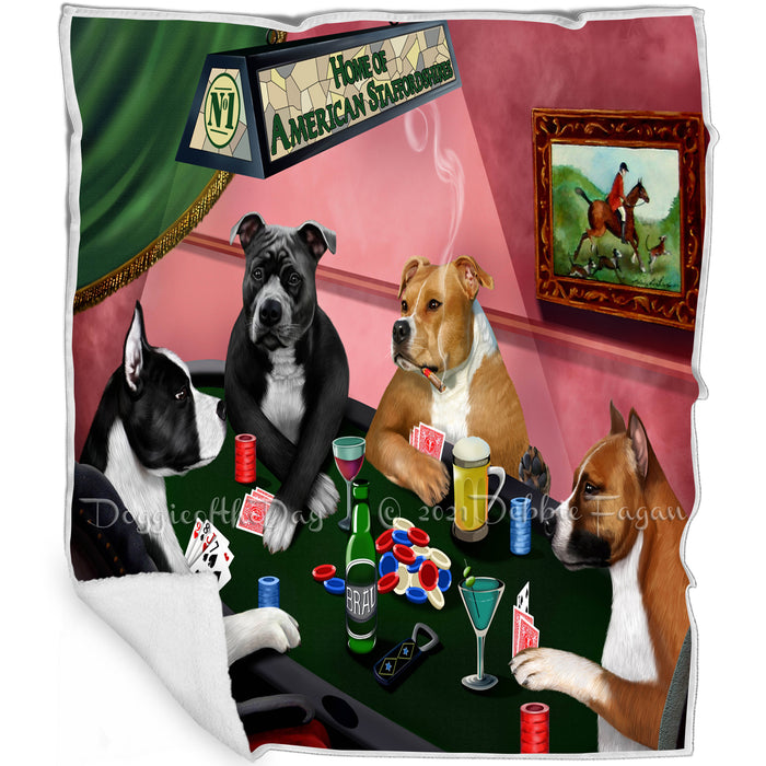 Home of American Staffordshire 4 Dogs Playing Poker Blanket