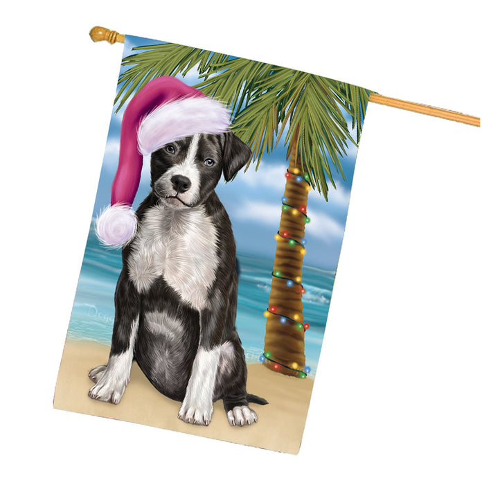 Christmas Summertime Beach American Staffordshire Dog House Flag Outdoor Decorative Double Sided Pet Portrait Weather Resistant Premium Quality Animal Printed Home Decorative Flags 100% Polyester FLG68655