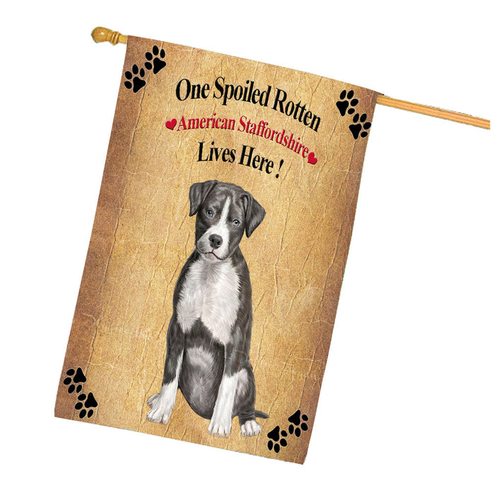 Spoiled Rotten American Staffordshire Dog House Flag Outdoor Decorative Double Sided Pet Portrait Weather Resistant Premium Quality Animal Printed Home Decorative Flags 100% Polyester FLG68124