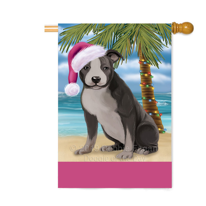Personalized Summertime Happy Holidays Christmas American Staffordshire Dog on Tropical Island Beach Custom House Flag FLG-DOTD-A60432