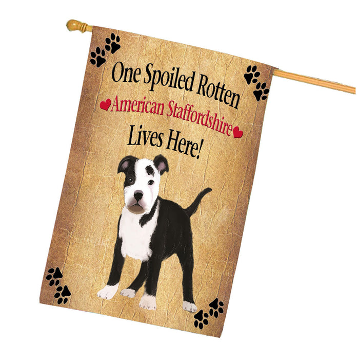 Spoiled Rotten American Staffordshire Dog House Flag Outdoor Decorative Double Sided Pet Portrait Weather Resistant Premium Quality Animal Printed Home Decorative Flags 100% Polyester FLG68120