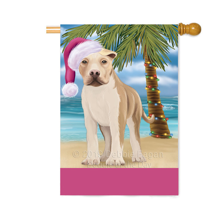 Personalized Summertime Happy Holidays Christmas American Staffordshire Dog on Tropical Island Beach Custom House Flag FLG-DOTD-A60433