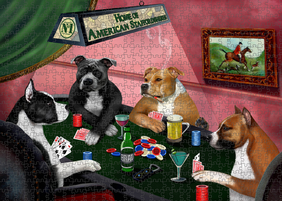 Home of Poker Playing American Staffordshire Dogs Portrait Jigsaw Puzzle for Adults Animal Interlocking Puzzle Game Unique Gift for Dog Lover's with Metal Tin Box