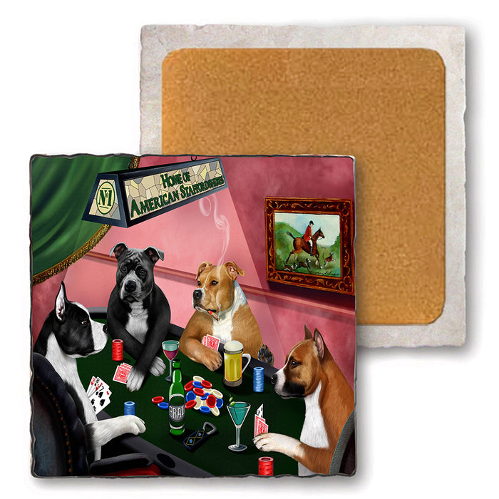 Set of 4 Natural Stone Marble Tile Coasters - Home of American Staffordshire 4 Dogs Playing Poker MCST48057