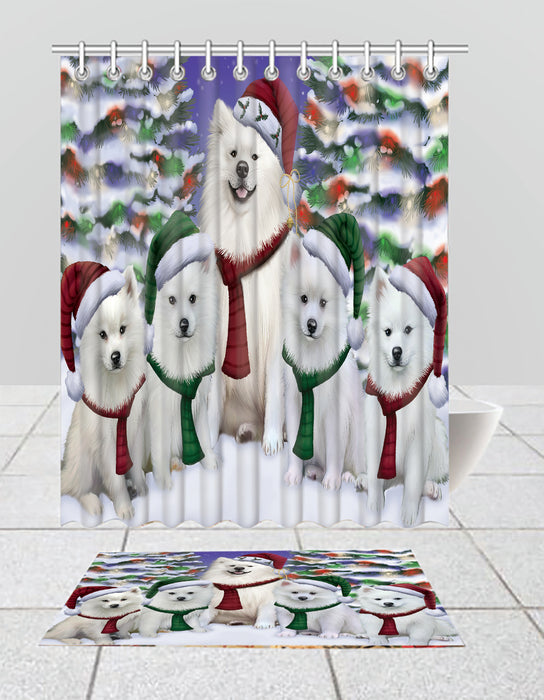 American Eskimo Dogs Christmas Family Portrait in Holiday Scenic Background  Bath Mat and Shower Curtain Combo