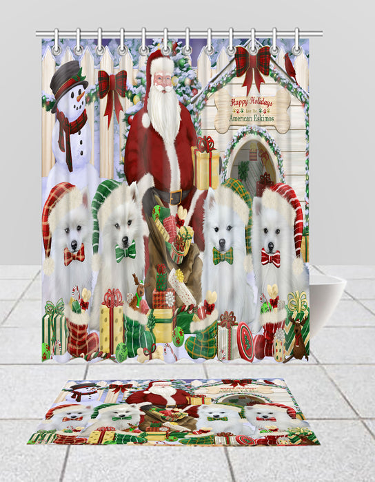 Happy Holidays Christmas American Eskimo Dogs House Gathering Bath Mat and Shower Curtain Combo