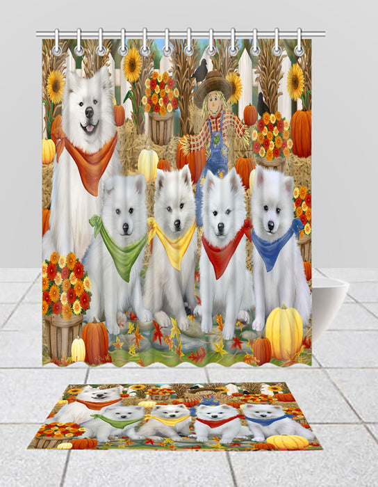 Fall Festive Harvest Time Gathering American Eskimo Dogs Bath Mat and Shower Curtain Combo