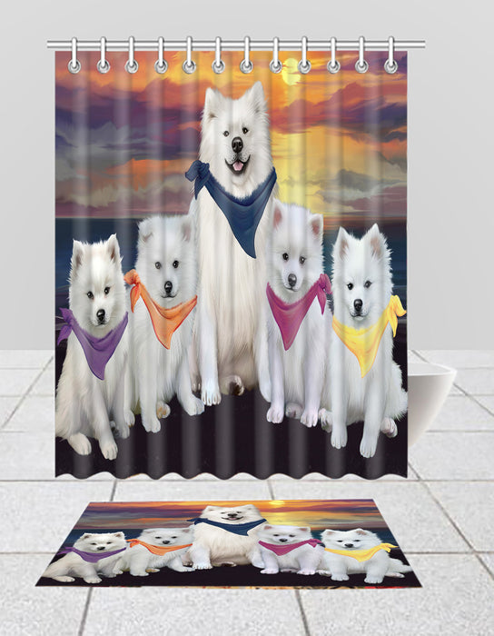 Family Sunset Portrait American Eskimo Dogs Bath Mat and Shower Curtain Combo