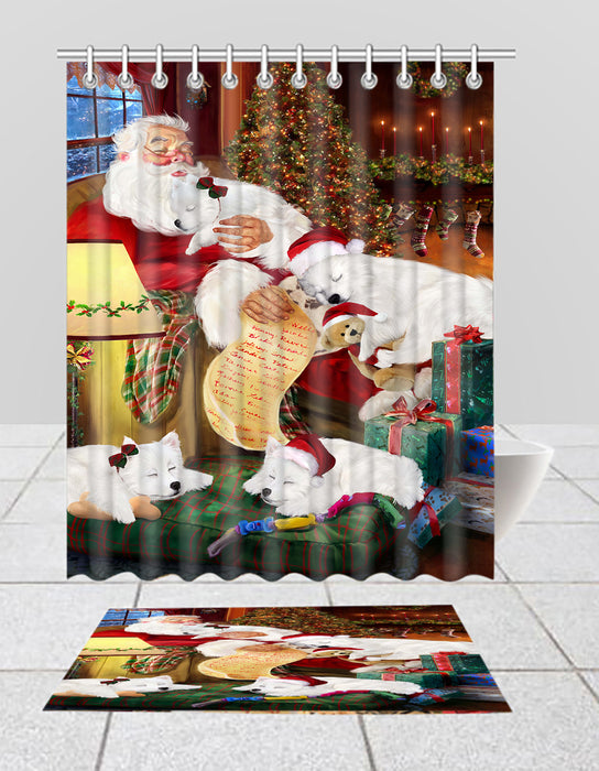 Santa Sleeping with American Eskimo Dogs  Bath Mat and Shower Curtain Combo